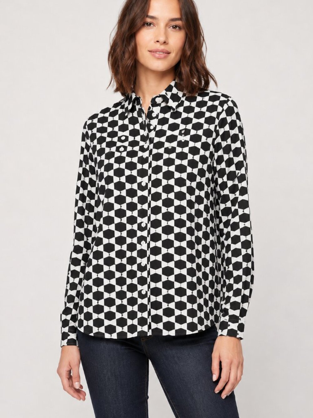 Kate Spade New York Geometric Print Button Front Blouse Black White Size 10